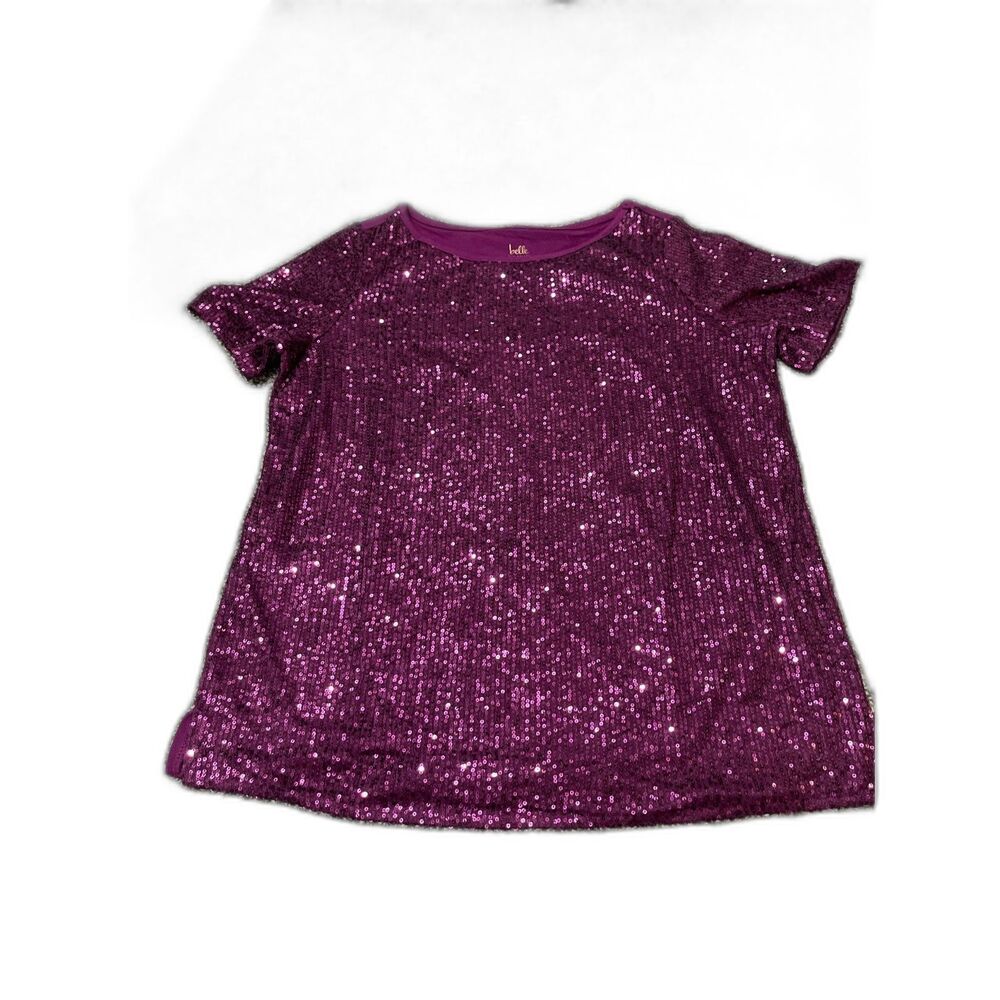 New Belle by Kim Gravel Purple Sequin Knit Short Sleeve Top M